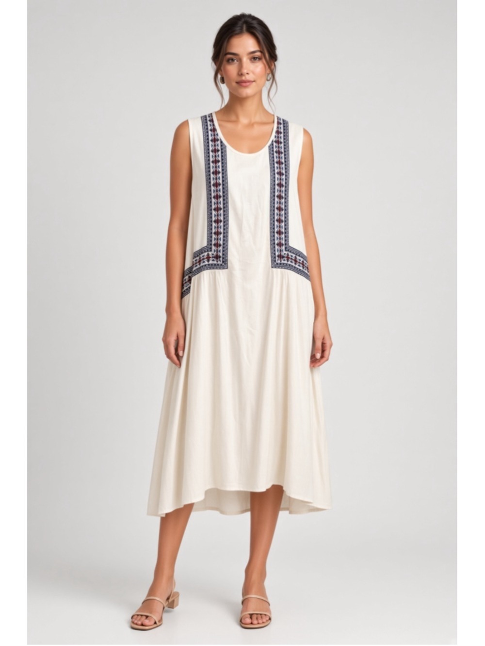 Old Navy Cream Embroidered Geo Midi Dress Sleeveless Boho Swing Dress Size XL